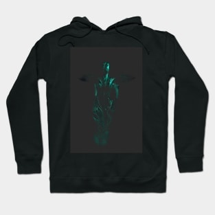 Glimpse of angel like creature. Beautiful girl. Dark, green, gray. More reflex. Hoodie